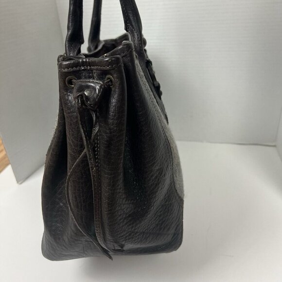 BR Banana Republic Leather Wool Drawstring Satchel Tote Gray Brown Academia 90s - Picture 7 of 14